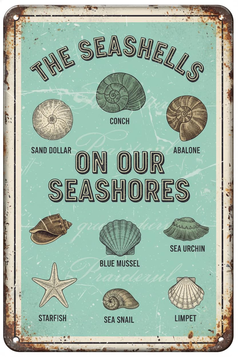 Vintage Metal Tin Sign Seashells On The Seashore Retro Metal Sign 8X12 Wall Decor Custom Private Property Signs Outdoor