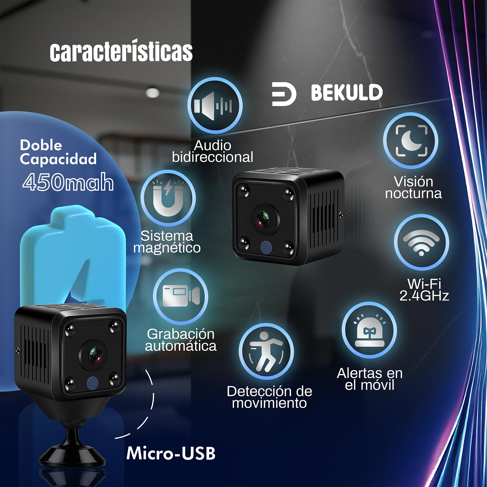 Bekuld Super Pack De Mini Camara Espia 2K + Soporte + Lector de Tarjetas | Camaras Espias Camufladas con Vision Nocturna y Detección de Movimiento 2.4GHz | Camara Oculta App (iOS/Android) — view 2