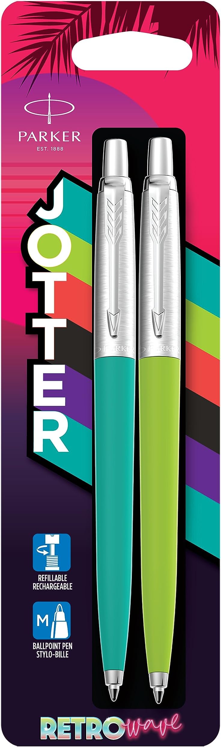 PARKER Jotter Originals Ballpoint Pens | Retrowave Collection | Caribbean Blue & Apple Green | Blue Ink | Medium Point | 2 Count