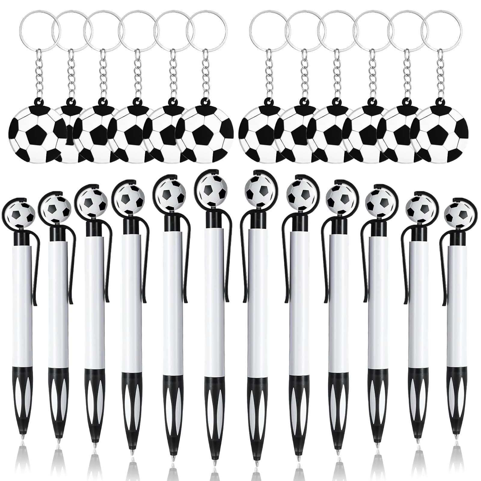 BPTZYLN 12 Pcs Soccer Ballpoint Pens with 12 Pcs Soccer Keychains, 1.0mm Football Gel Ink Pens, Retractable Football Rollerball Pens for Student School Office