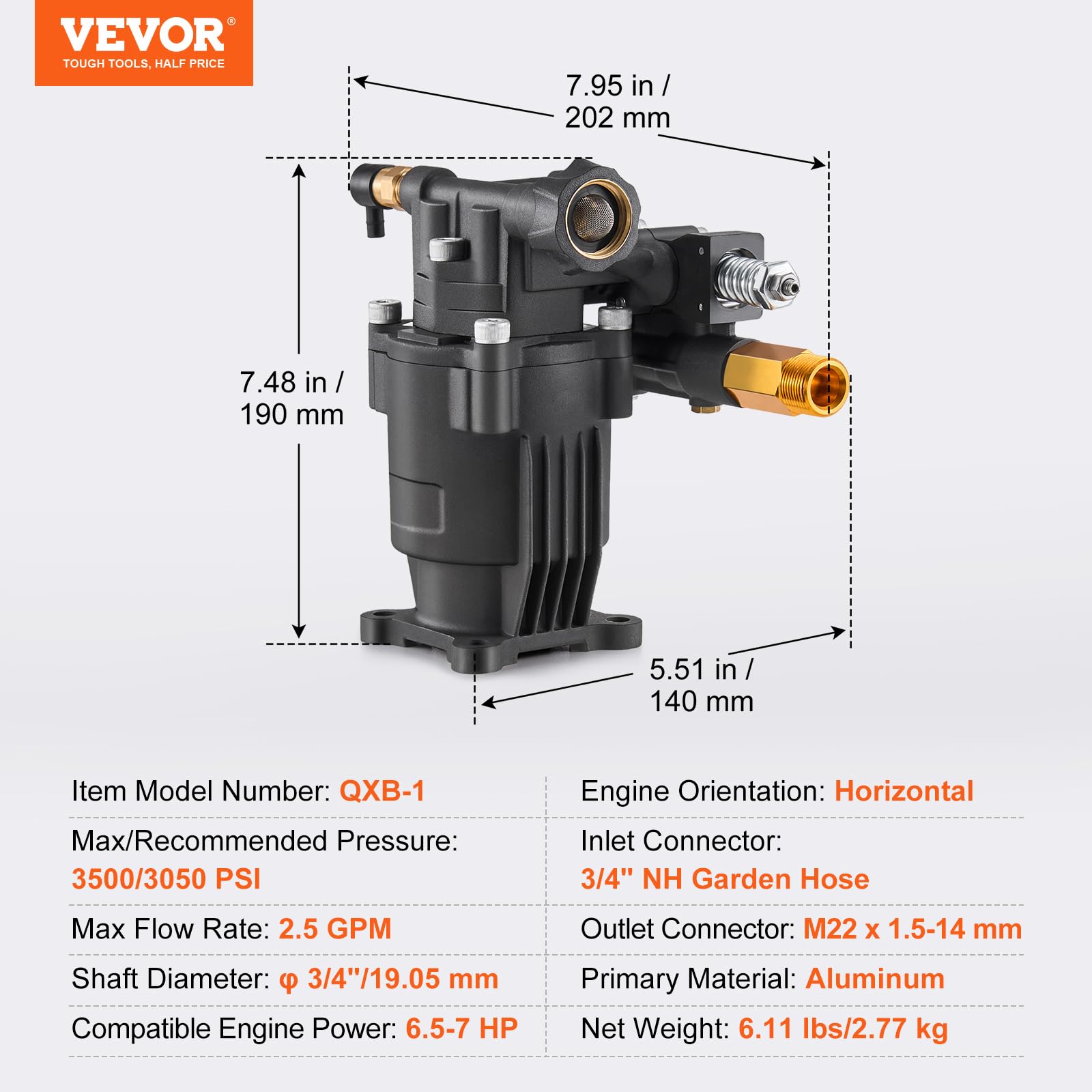 VEVOR Hochdruckreinigerpumpe, 3/4 Zoll Welle horizontal, 3500 PSI, 2,5 GPM, Ersatz-Hochdruckreinigerpumpen-Set mit 5 Düsen, Hardware und Siphonrohr, bis zu 150 Stunden, Hochdruckreiniger Ersatzpumpe