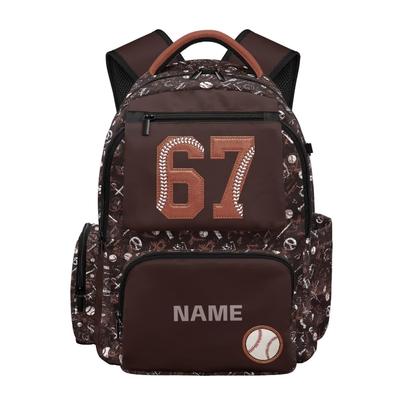 HUGS IDEA Mochila escolar para niños de 17.7 pulgadas con nombre personalizado para niños de 6 a 15 años, Béisbol 67