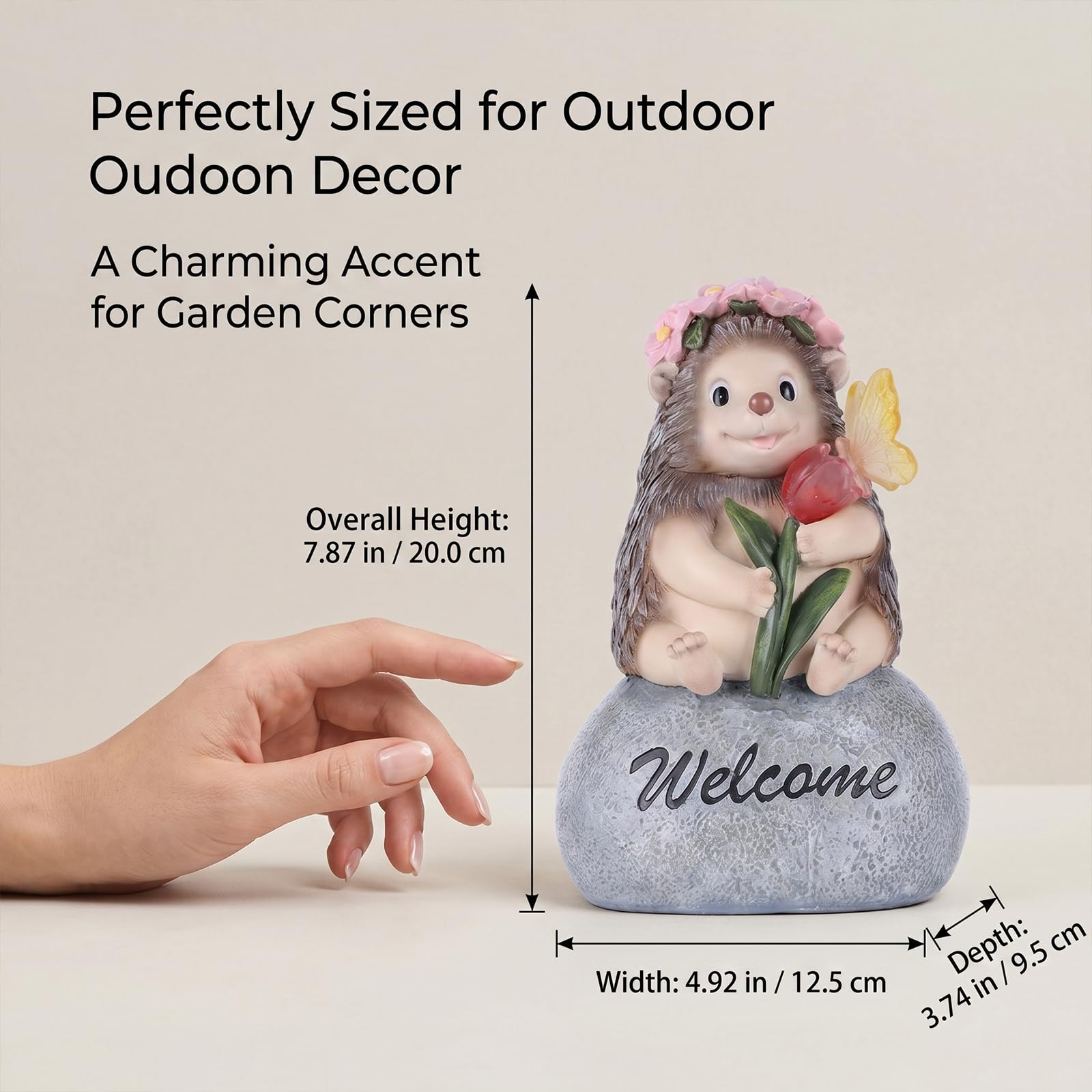 LCCCK 20 cm H carino portico riccio statua, con luce solare animali per cortile e giardino, con cartello di benvenuto, statuetta dipinta all'aperto per portico, patio, cortile, prato, regali per donne