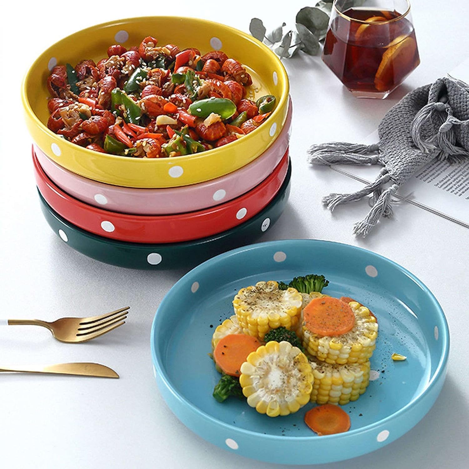 Salad Bowl,Fruit,Large Serving Bowls,Set of 2,Plate Bowls Ceramic,Low Dishes,Pasta/Soup Serving Large,Porcelain Dishes-red-700ml,20x20x4.5cm(Green)