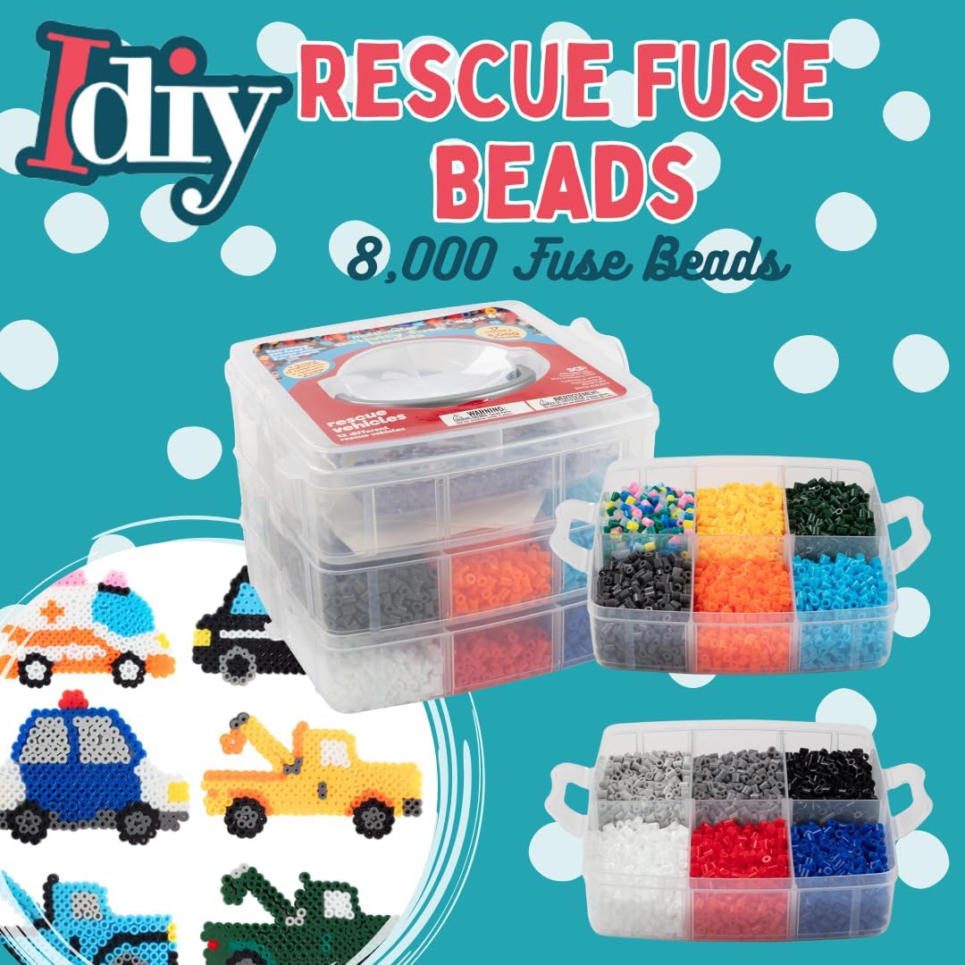 Fuse Beads 8,000pc Rescue Vehicles w Carrier CASE-18 Colors, 12 Unique Templates, 3 Peg Boards, 2 Tweezers, Melt Iron Paper- Car Truck Bulk Art Craft Project, Kids Birthday Party Gift, School Activity