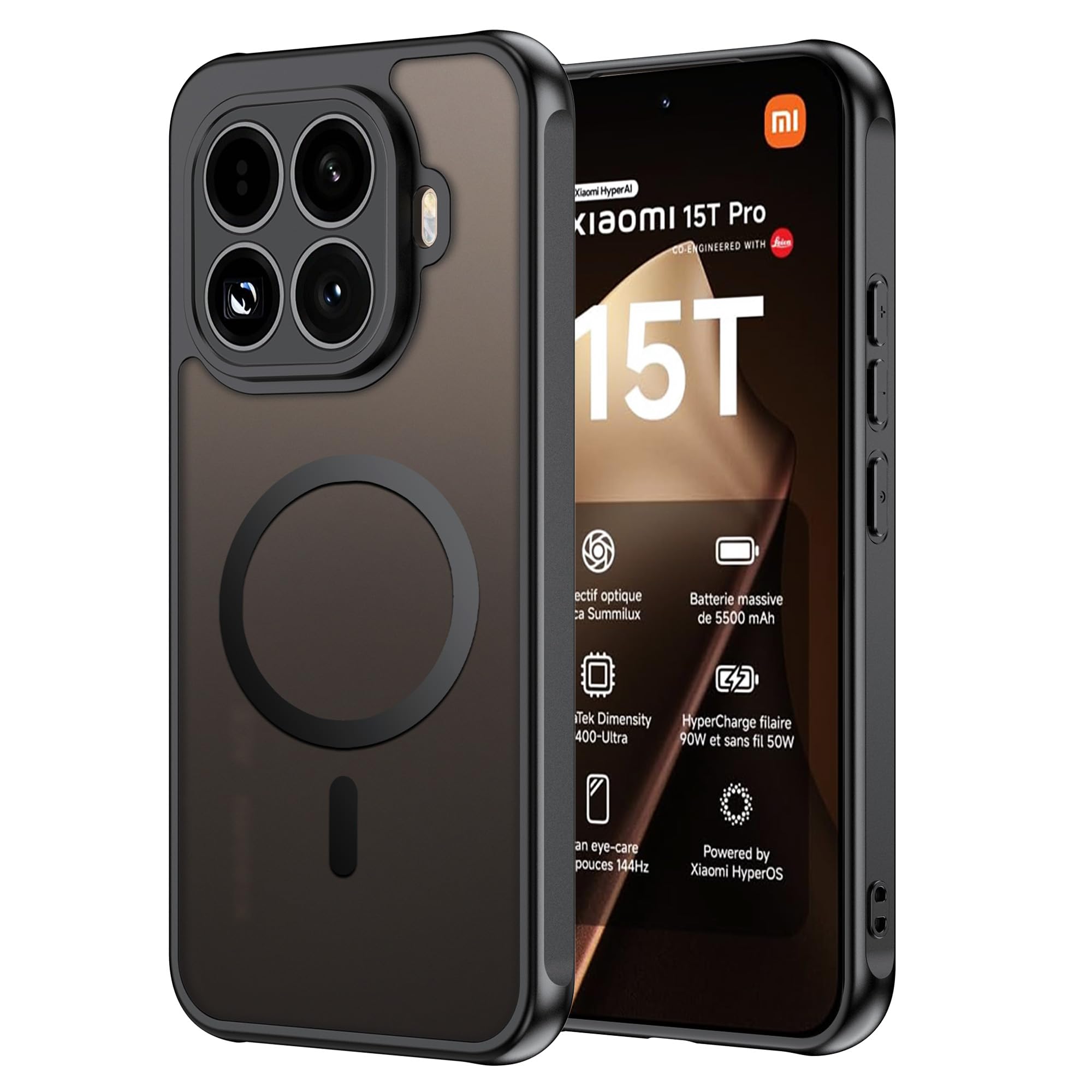 Rojeuinn Cover per protettiva Xiaomi 15T pro 5G, custodia protettiva rigida in PC con funzione di aspirazione magnetica, tocco confortevole, anti-caduta, antiurto, anti-impronta -Nero