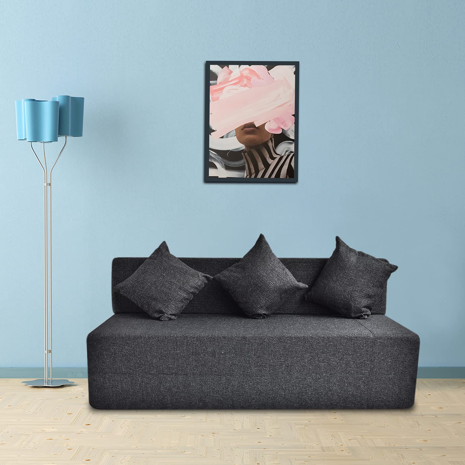 FRESH UP 3 Seater Sofa Cum Bed Jute Fabric 5x6 Feet Washable Cover with 3 Cushions (Dark Grey, 72x60x7 inch)