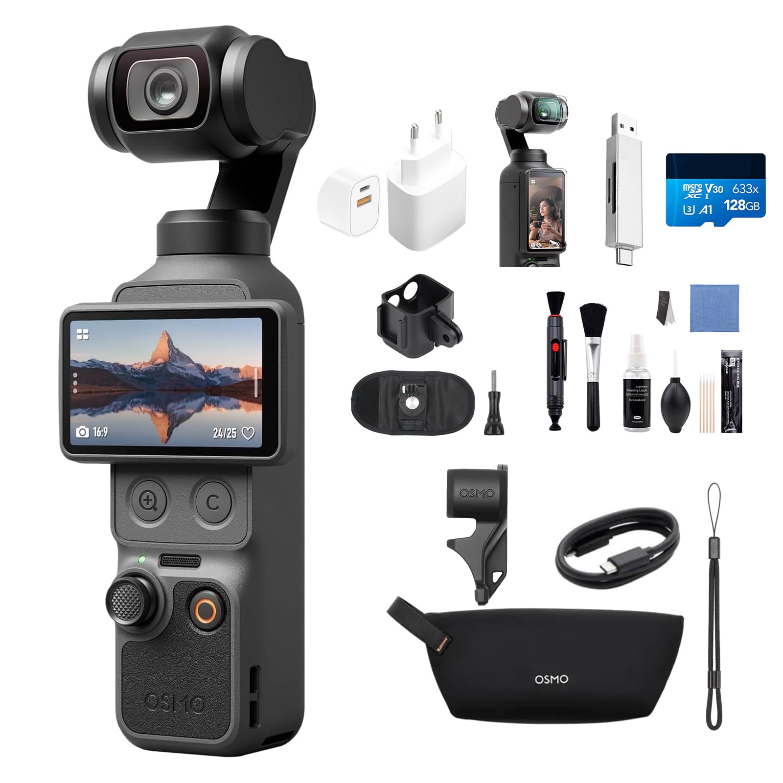DJI Osmo Pocket 4 Essential Combo, Pocket Gimbal Vlog Kamera, 1″ CMOS und 4K/240fps, 3‑Achsen-Stabilisierung, 2× verlustfreier Zoom, 107 GB integrierter Speicher