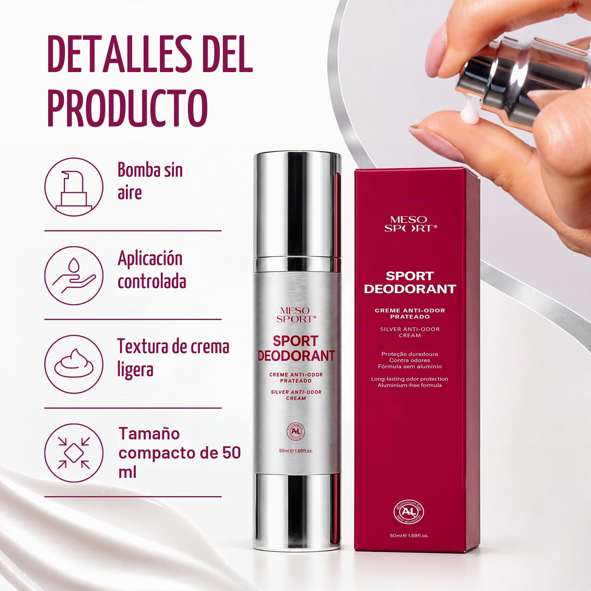 Sport Deodorant Crema Desodorante sin Aluminio con Tecnología de Plata para Estilos Activos, 50 ml