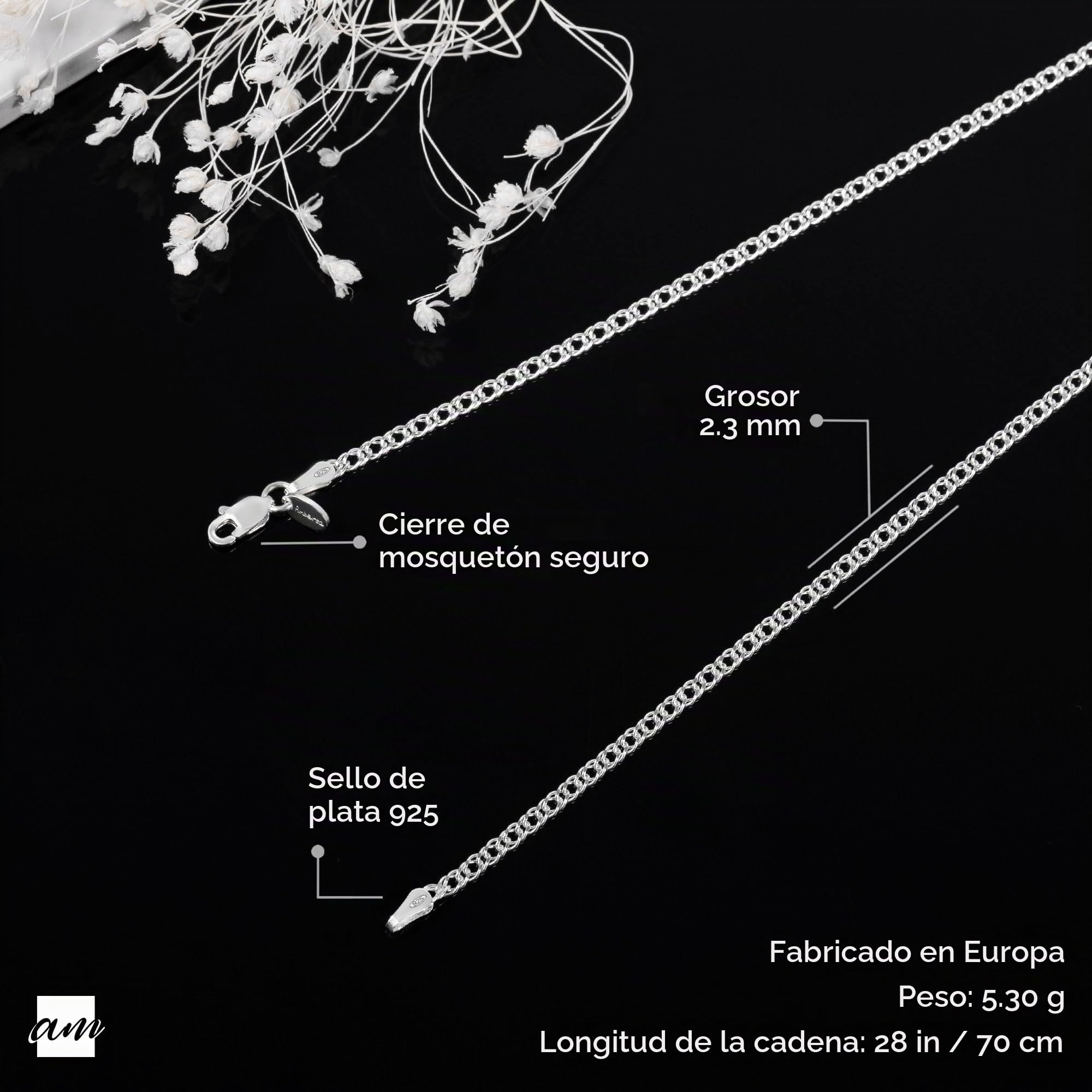 Amberta® Joyería - Collar - Fina Plata De Ley 925 - Diamante Corte - Cadena Barbada (Rombo) - 2 mm - 40 45 50 55 cm