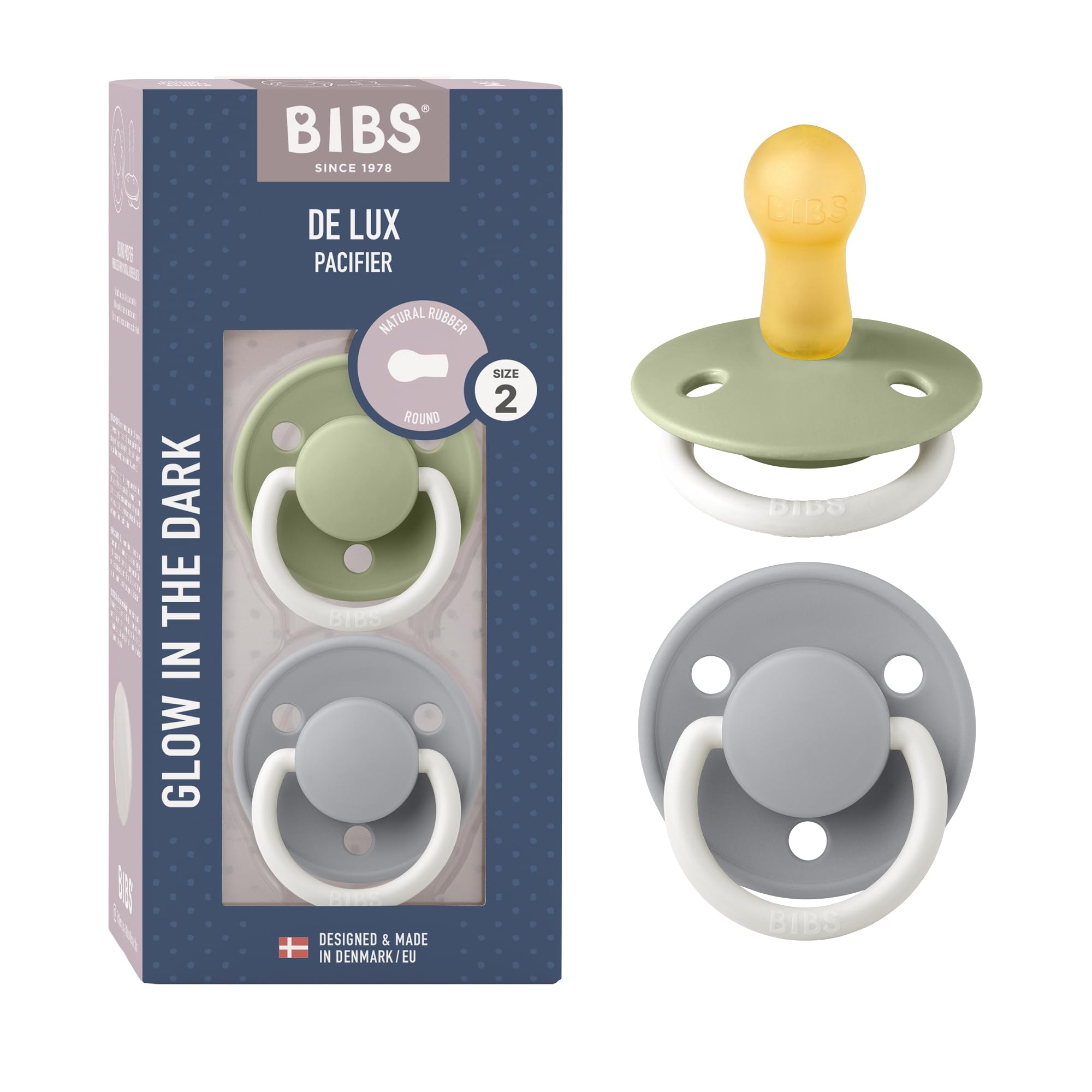 BIBS De Lux Ciuccio confezione da 2 pezzi. Privo di BPA, Tettarella tonda. Lattice di gomma naturale, Misura 2 (6-18 mesi), Sage NIGHT/Cloud NIGHT