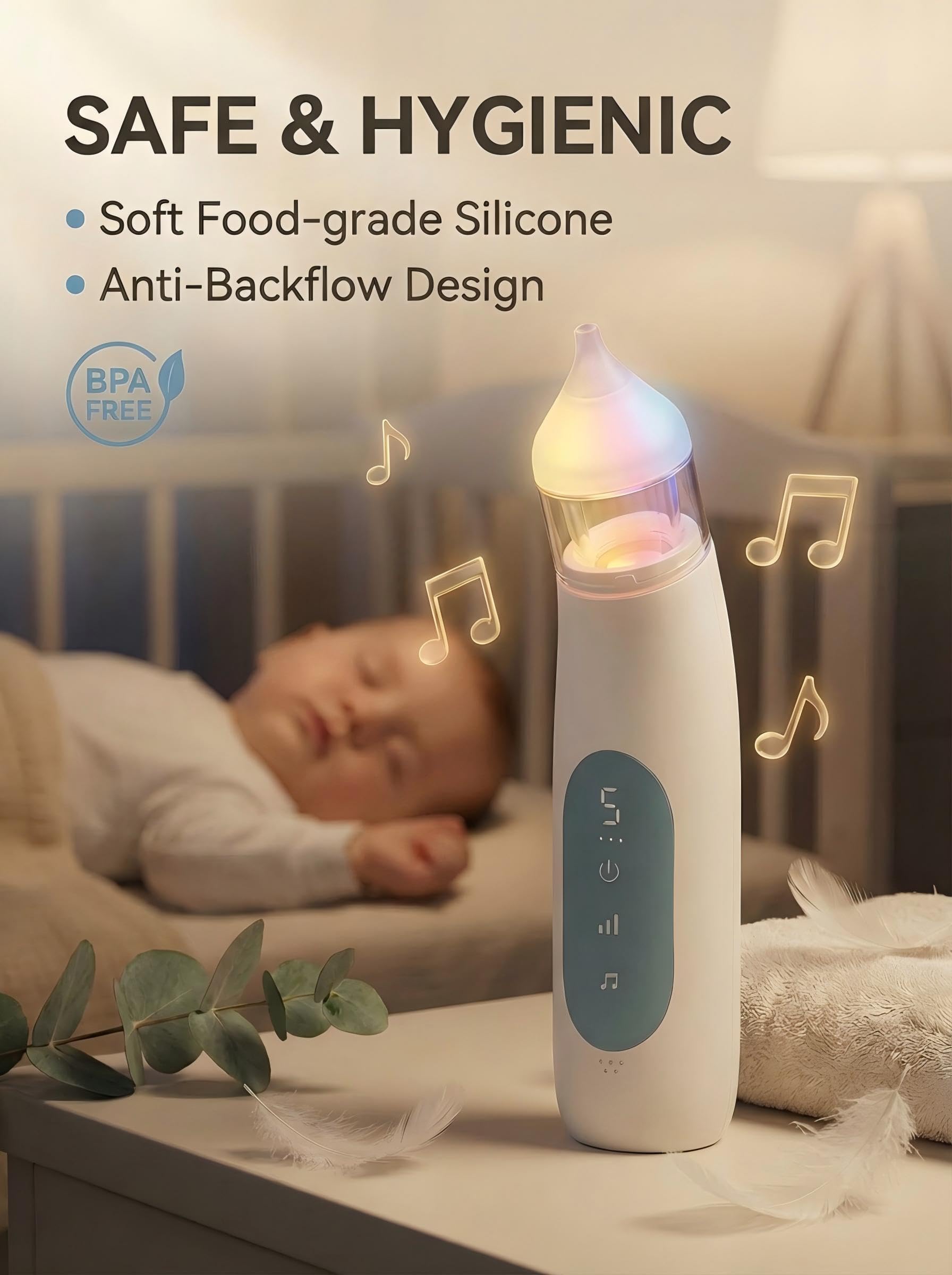 Aspiratore nasale elettrico per bambini, ricaricabile, con 5 livelli di aspirazione, musica e luce, in silicone, sicuro per rimuovere il moccio e il muco per neonati, neonati e bambini piccoli (blu)