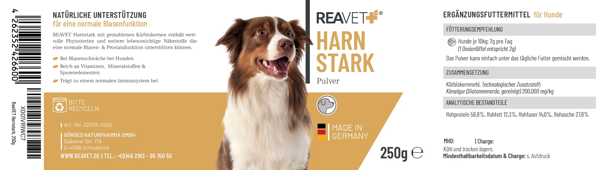 ReaVET Fort urinaire pour chiens 250 g – Soutient la fonction de la vessie en cas de fuites urinaires, d'incontinence I Protéines de graines de citrouille, graines de citrouille moulues pour chien –