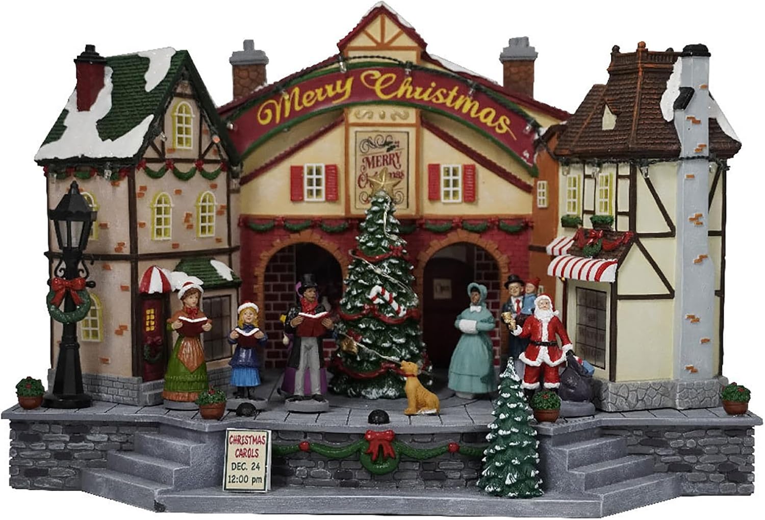 Christmas Village Scene House, Lighted LED Xmas Ornament with Warm Lighting and Music Playing Function, DC Adapter/3*AA Batteries Powered, Sturdy Resin Material, for Table, Mantelpiece