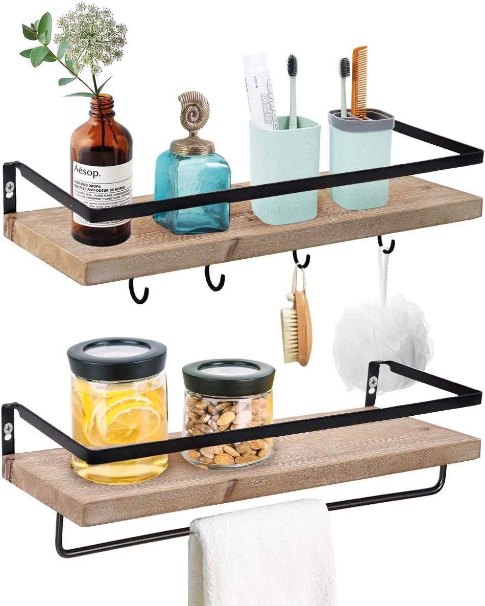 biukpci Wood Floating Shelves Bathroom Storage Shelf Wall Mounted for Kitchen, Living Room, Set of 2
