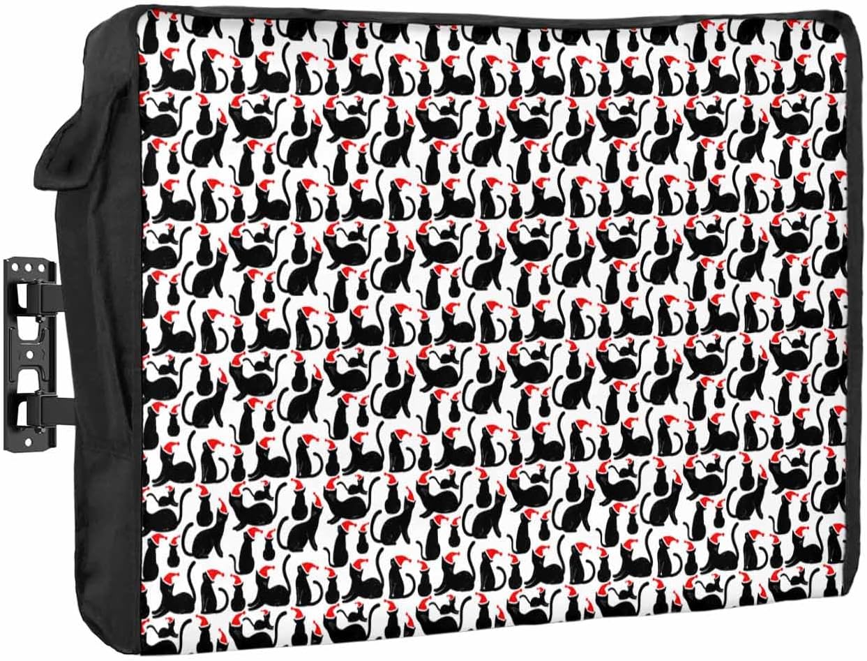 Christmas Outdoor TV Cover 60"-65" - 600D Waterproof TV Cover Weatherproof TV Screen Protector Dustproof Winter Xmas Black Cat with Santa Hat Beige TV Display Protector for Outside Flat Screen TV