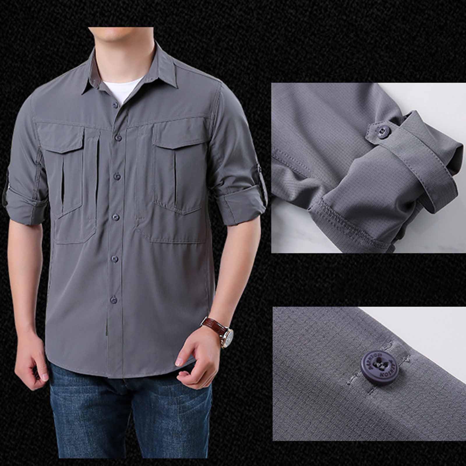 Camisa de Trabajo Hombre Tallas Grandes Cuello Solapa Camisas Táctica de Senderismo Camping Casual Secado Rápido Camiseta Deporte Manga Larga con Bolsillos Cómodo Transpirable Ropa Outdoor