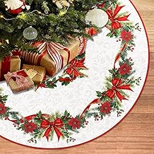 Baccessor Christmas Tree Skirt 48 Inch,Poinsettia Red Ribbon Bow Holly Christmas Tree Skirt Collar for Farmhouse Vintage Rustic Merry Christmas Xmas Winter Holiday Party Decoration