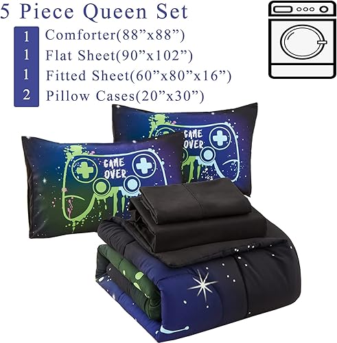 Miniatura 8 de Juego de ropa de cama de juegos para niños, tamaño individual para niños y adolescentes, juego de edredón de 4 piezas con sábanas, edredón de