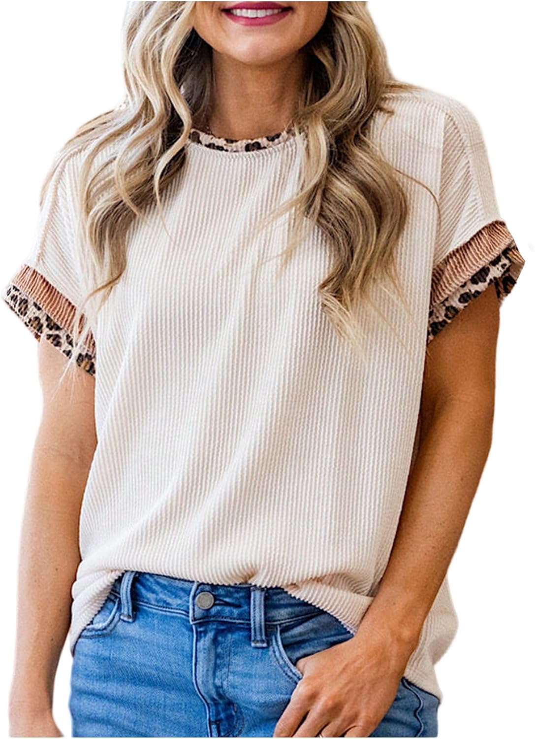 Women's Leopard Short Sleeve T Shirts Crew Neck Ribbed Knit Casual Tee Tops