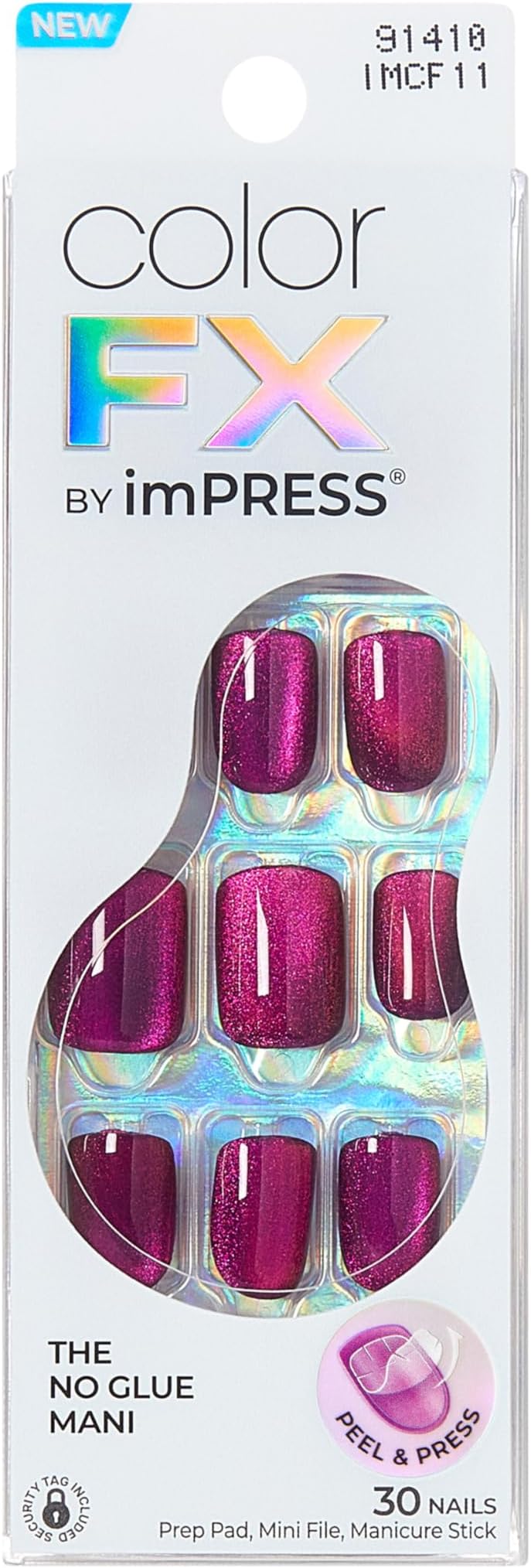 imPRESS KISS No Glue Mani Press-On Nails, Color FX, 'Levels', Dark Pink, Short Size, Squoval Shape, Includes 30 Nails, Prep Pad, Instructions Sheet, 1 Manicure Stick, 1 Mini File