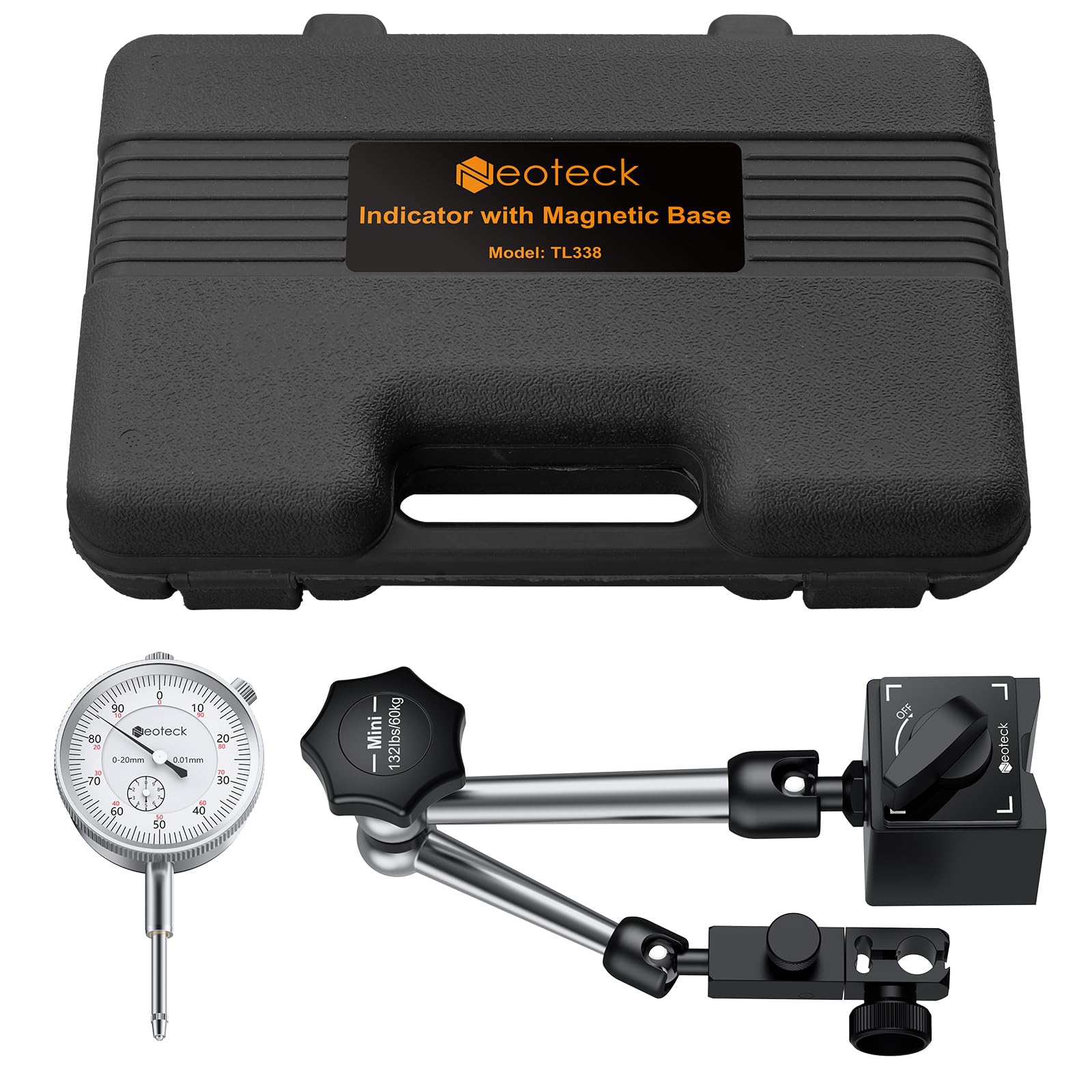 Neoteck Messuhr und Magnetstativ, Messtaster 0-20mm, Zentralklemmung Messuhrhalte 60 kg max. Zugkraft Basis Ständer für Messuhr