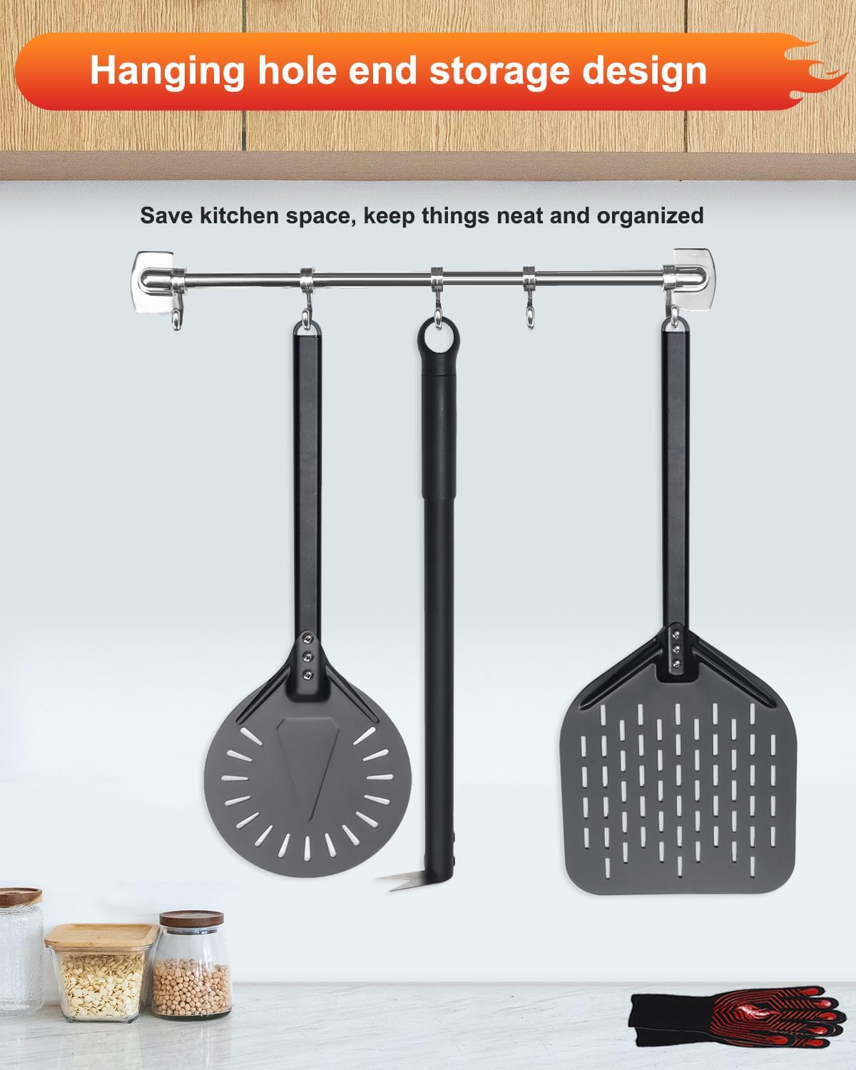 4PCS Perforated Pizza Peel 9&12 Inch, Heat-Resistant Oven Mitts, Bubble Spinner Turning Fork Pizza Peel Oven Tool Kit with 40 Inch Aluminum Handle for Home & Outdoor Pizza Ovens