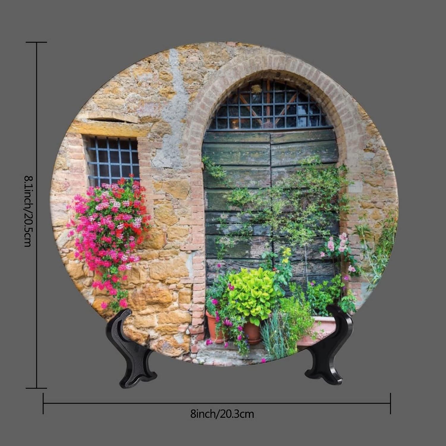 Tuscany Landscape Ceramic Decorative Plates, 8inch, Flowers and Green Door Decorative Plate, with Decorative Plate Stand, for Living Room Bedroom Kitchen and Office Wall or Dining Table Decor