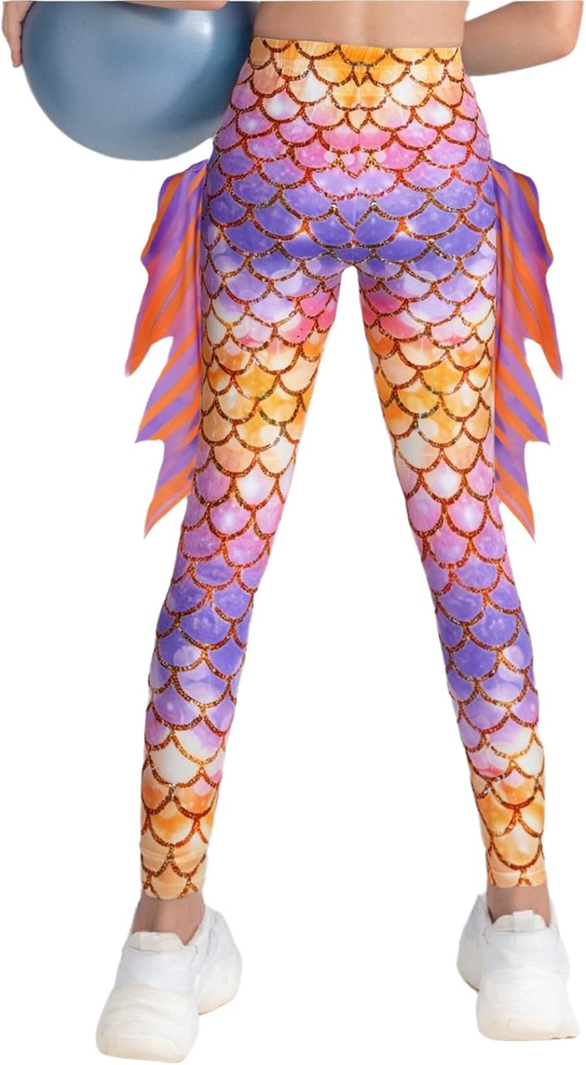 Linjinx 2Pcs Girls Fish Scale Printed Mermaid Yoga Dance Leggings Tights Pants for Halloween Christmas Birthday Party