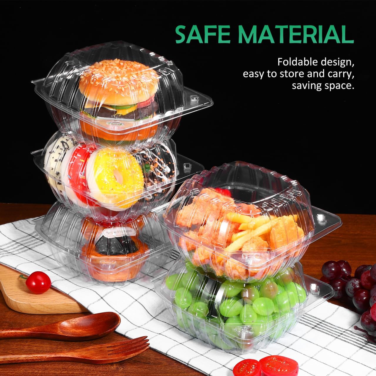PartyKindom 100 Pcs Clear Plastic Containers, 6 Inch Disposable Food Containers with Lids, Visible Clamshell Hinged Food Take Out Box for Burger, Sandwich, Cakes, Dessert, Cookies, Salad, Pasta