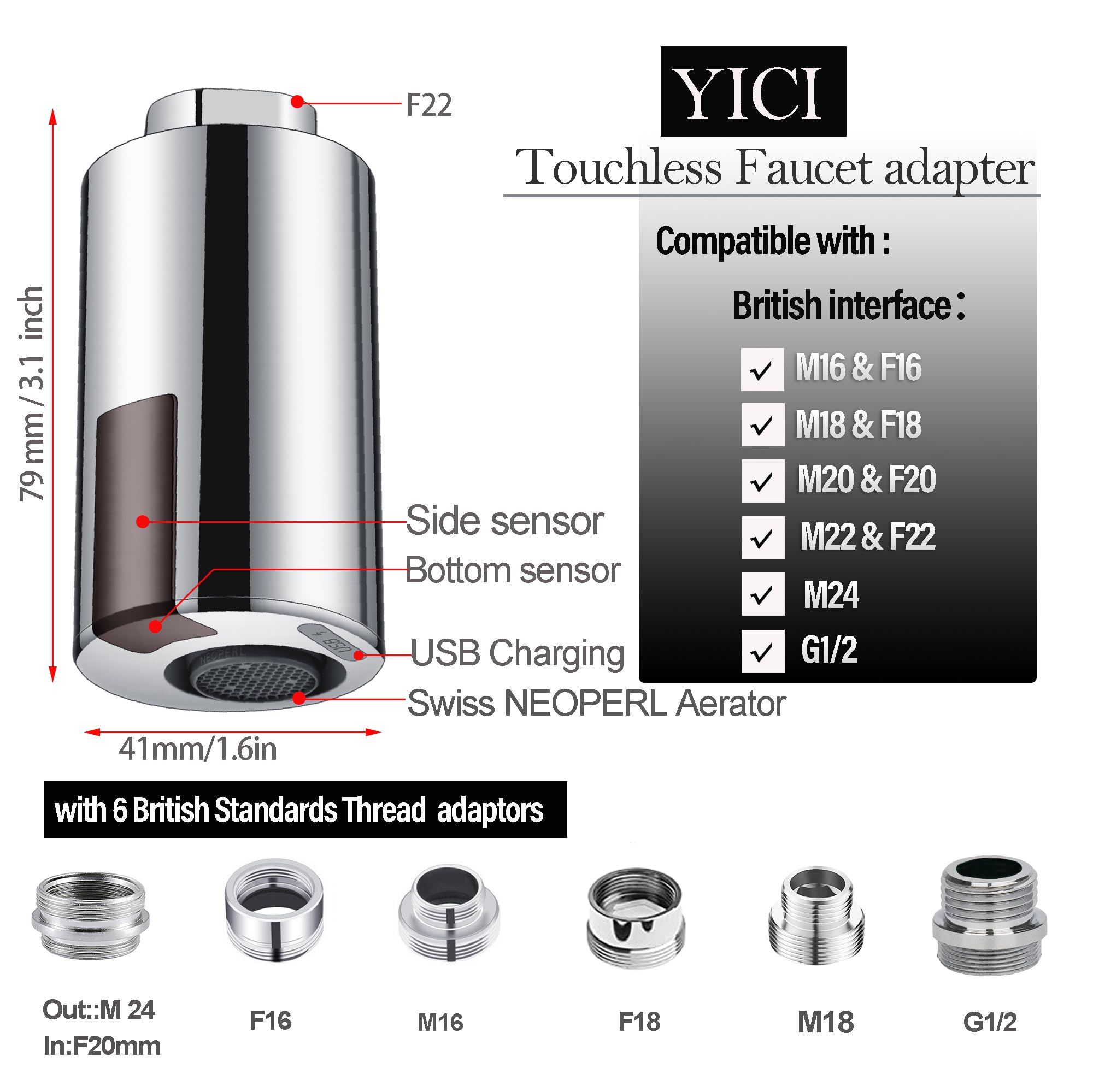 YICI Adaptador de grifo inteligente sin contacto para fregadero de cocina y baño, grifo inteligente automático, rosca estándar británica