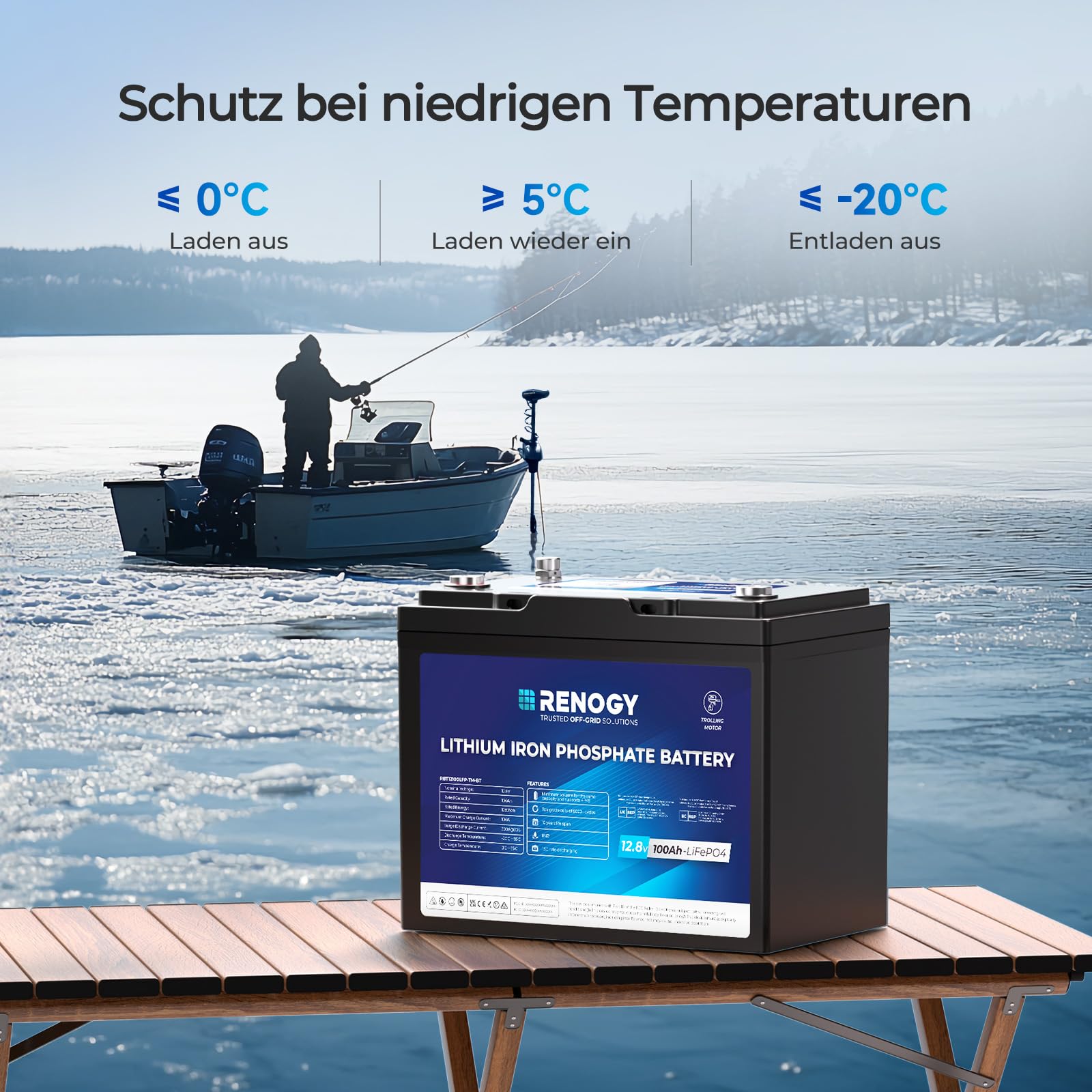 Renogy 12V 100Ah Trolling Motoren LiFePO4 Lithium Batterie mit Bluetooth, 150A BMS 6000+ Zyklen Deep-Cycle-Batterien, 12V Solarbatterie 100Ah Akku für Trolling-Motor, kabinen, Marine, Wohnmobile, IP67