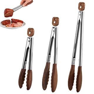 Honeydak 3 Pcs Wooden Tongs for Cooking 7" 9" 12" Wood Tip Serving Tongs with Locking for BBQ Salad Cooking and Grilling, Includes Anti-slip Handle with Hanging Hole - Amazon product rated Grade A