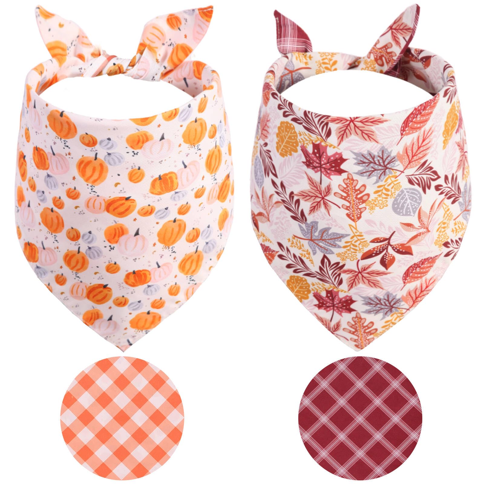 Herbst-Hundehalstücher, 2 Stück, groß, Halloween, Thanksgiving, Kürbis und Blätter, wendbar, Büffelkariert, Dreiecksrassen, Welpen-Halstücher für große, mittelgroße Mädchen, Jungen, Hunde,