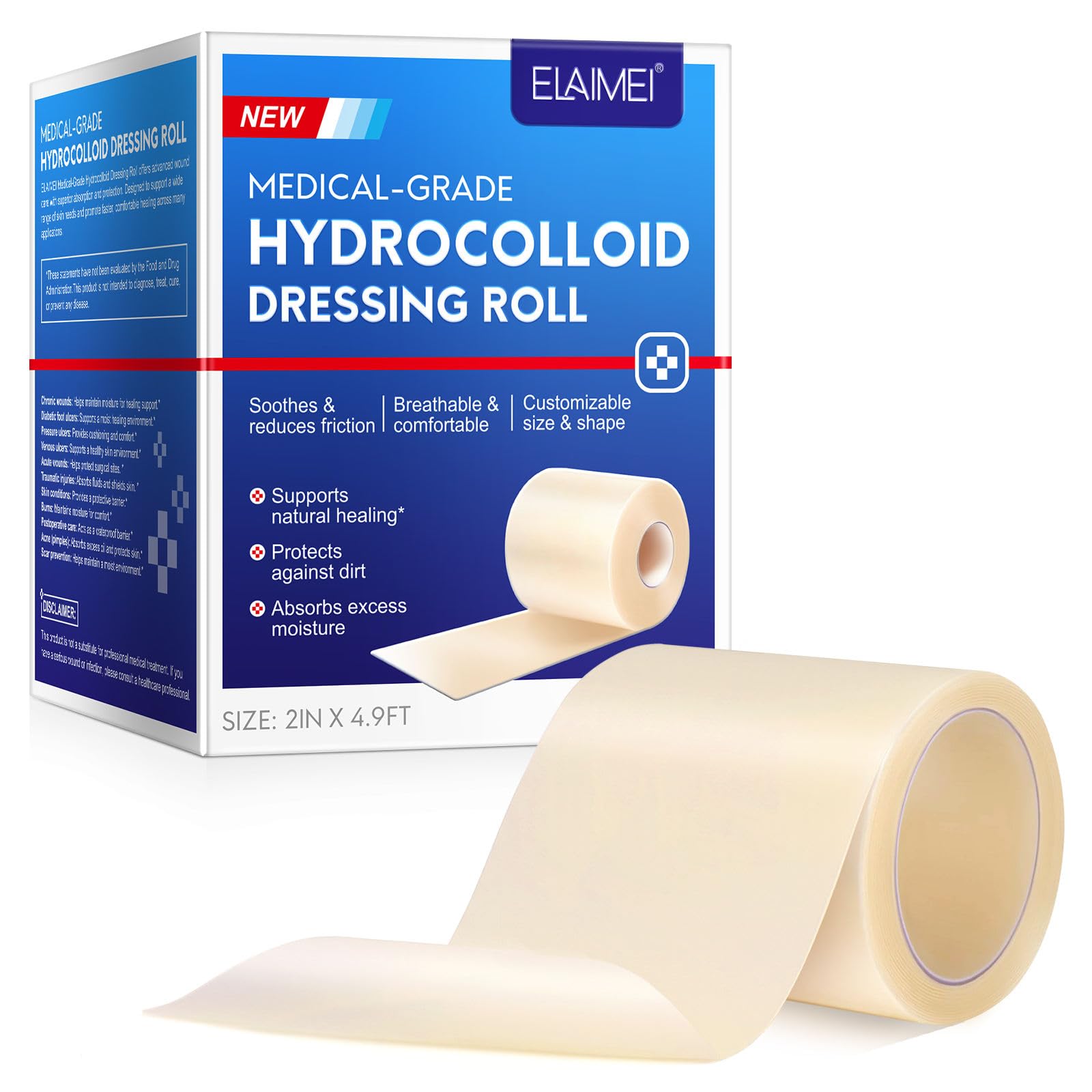 Hydrocolloid Dressings 2IN x 4.9FT,Hydrocolloid Dressing Roll for Wound Care, Supports Natural Healing, Ultra Absorbent, Reduces Friction, Breathable, Home Essential-image-21