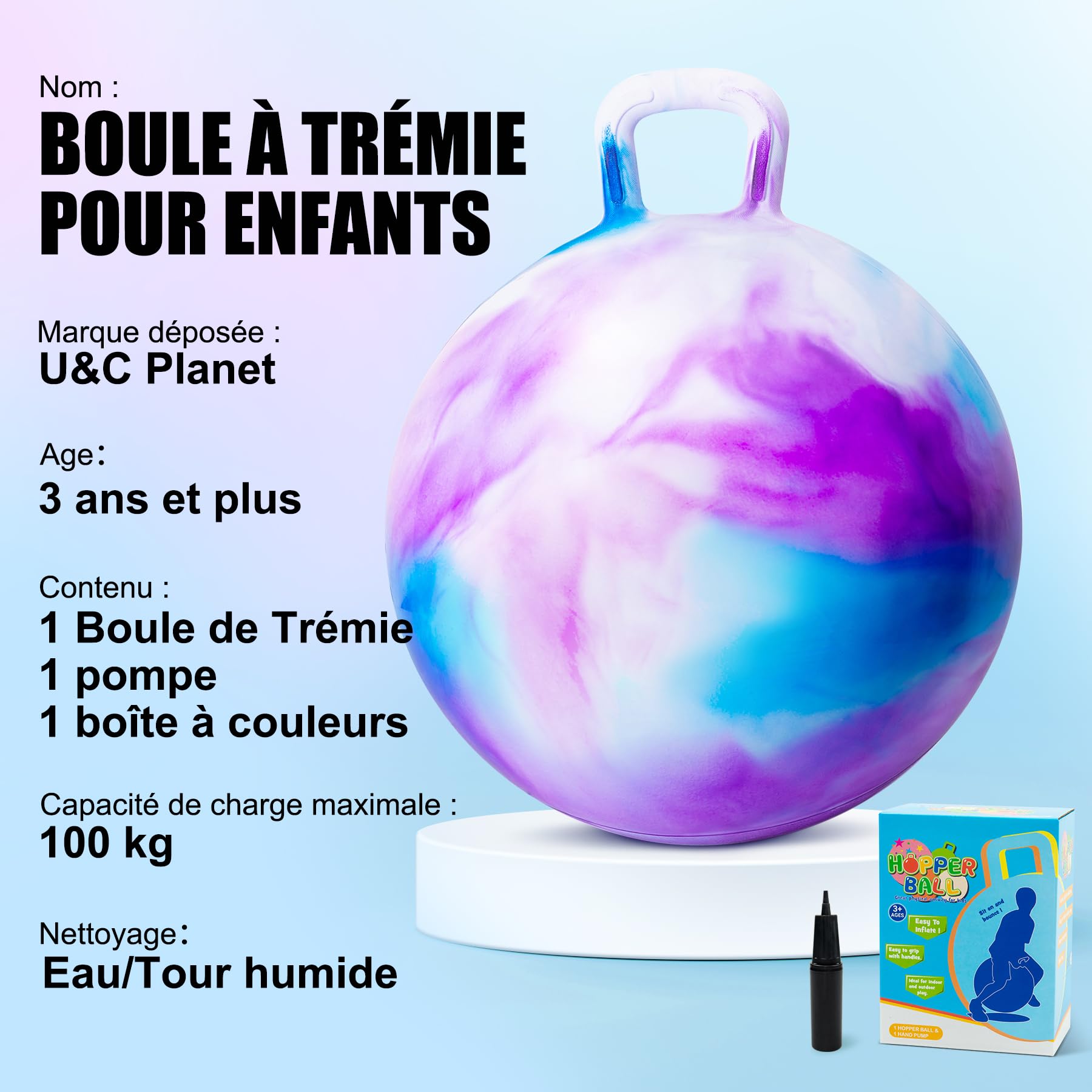 U&C Planet Ballon Sauteur Gonflable 45 cm pour Enfants 100 KG Jouet 3-6 Ans