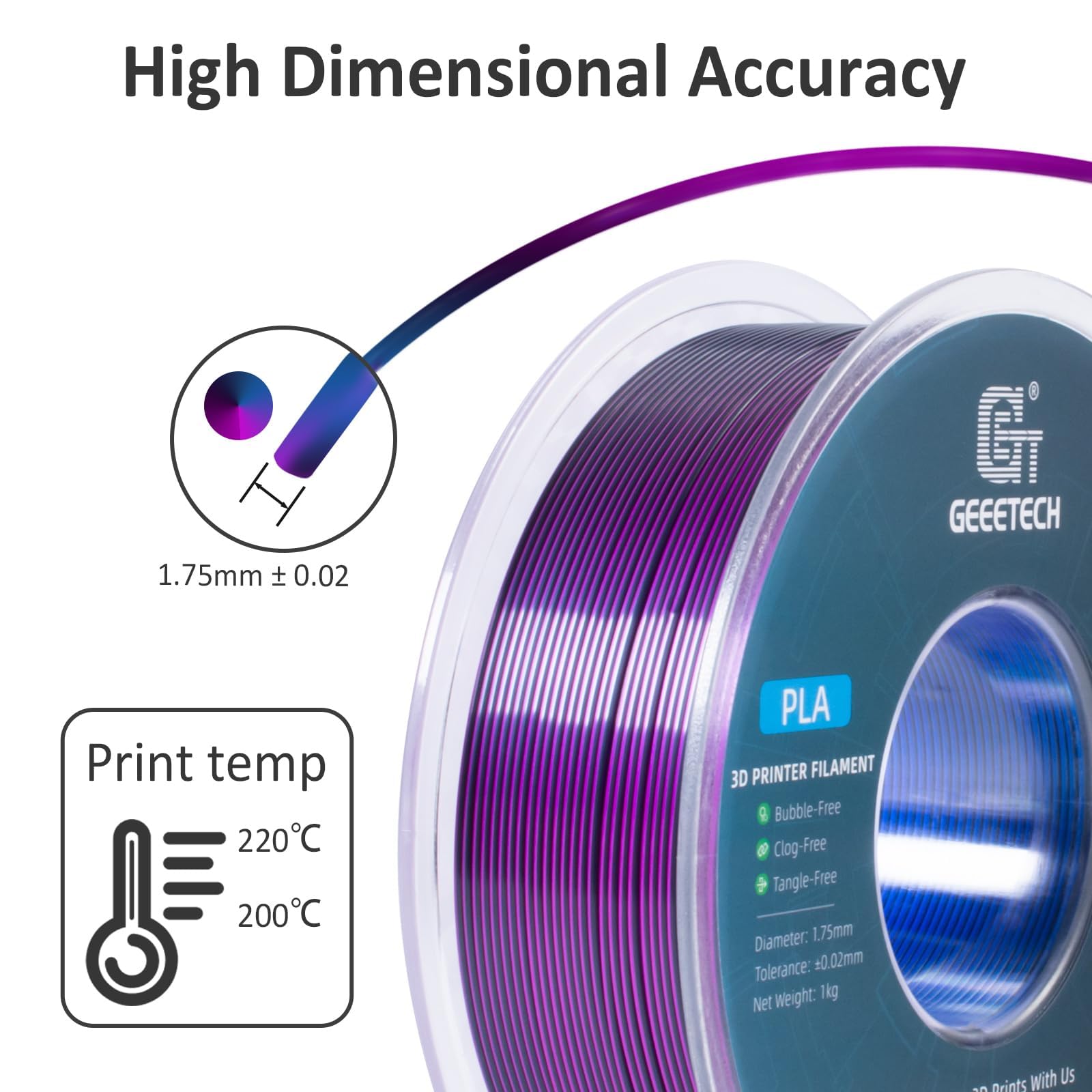 GEEETECH Tricolor Silk PLA filament 1,75 mm, filament do drukarki 3D, 1 kg, jedwabny, niebieski, fioletowy, czarny