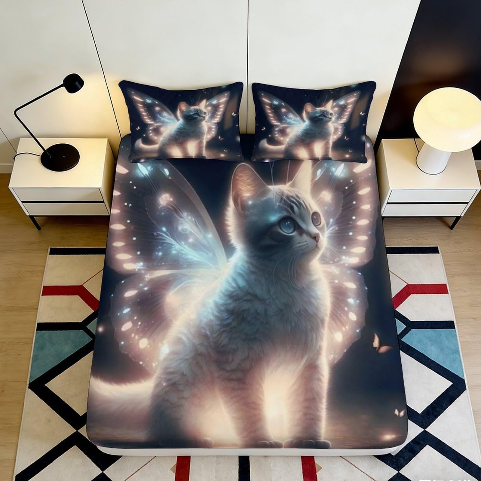 3D Printed Magical Cat Wings Fitted Sheet Microfiber Soft Breathable Fairy Light Bed Cover for Bedroom Dormitory Guest Room Mattress Protection 180x200x25cm
