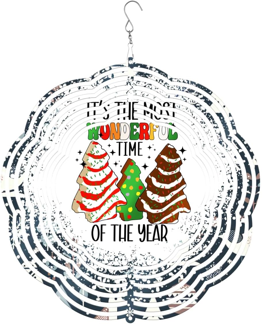 It's The Most Wonderful Time Christmas Wind Spinners 3D Stainless Steel Laser Cut Metal Double Sided Printing-Hanging Indoor/Outdoor Decorations Yard Gardening Decor,Metal Kinetic Art 14x14 inches