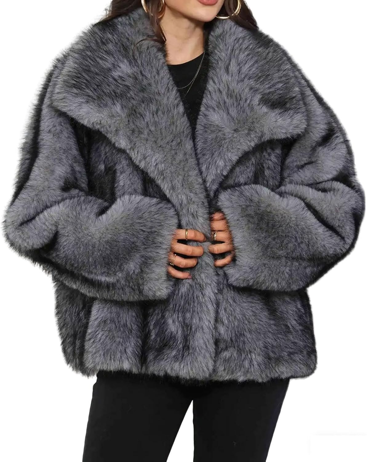 loveimgs Women Winter Fluffy Short Faux Fur Coat Puffer Jacket Lapel Furry Cropped Fake Fur Jacket Teddy Bear Parka