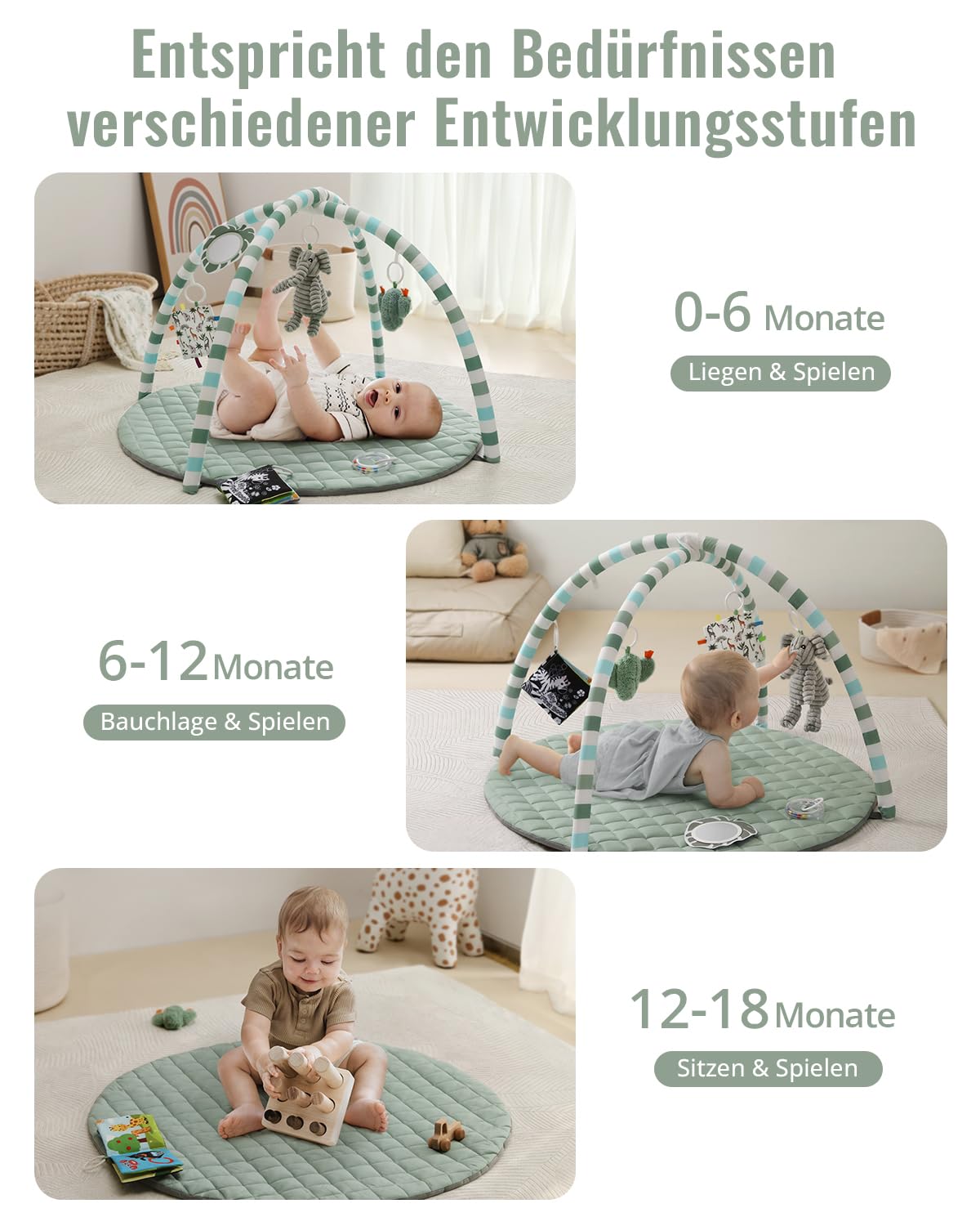 Blissful Diary Spielbogen Baby, Spieldecke Baby Gym Activity Decke mit 6 Abnehmbare Spielzeuge, krabbeldecke Einfach zu Installieren und zu Reinigen, Unverzichtbare Babygeschenke, Salbeigrün