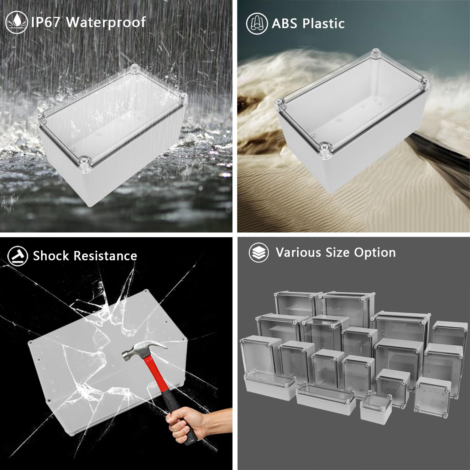 LeMotech Junction Box IP67 Waterproof Dustproof Electrical Box Project Box DIY Enclosure Gray with Transparent Clear Cover, External Size 9.8x5.9x5.1in (250x150x130mm)