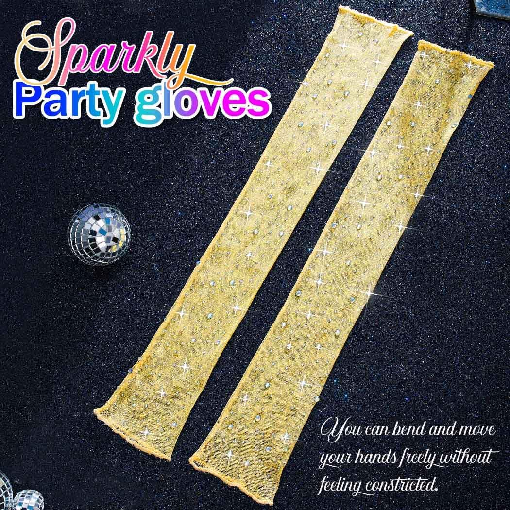 CASDRE Sparkly Rhinestone Long Gloves Fingerless Mesh Elbow Length Arm Sleeves Prom Costume Gloves for Women - Image 3