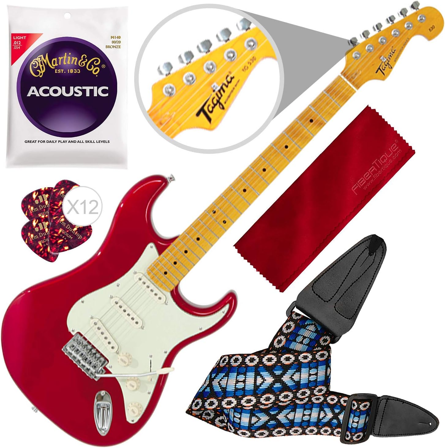 Tagima TG530-MR Woodstock Series Strat Style Electric Guitar, Metallic Red with Guitar Strap and Accessory Bundle