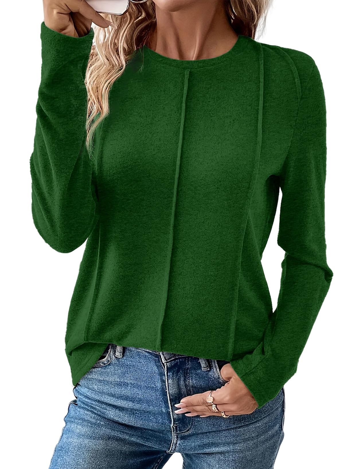 EVALESS T Shirts Trendy Dressy for Women Blouses Outfits Casual Long Sleeve Tops Crewneck Pleated Knit Solid Loose