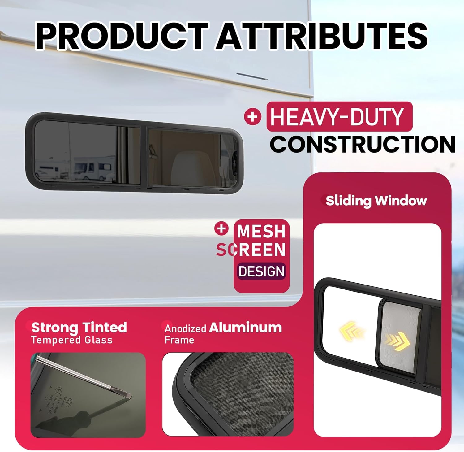 Wutist 48"W x 15"H RV Window Universal W/ Trim Ring and Mesh Screen Sliding Tear Drop Window Dark Tempered Glass Aluminium