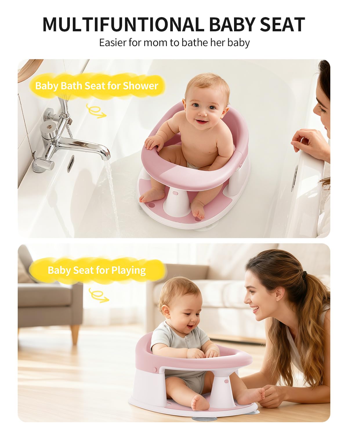 Baby Bath Seat for Babies 6 Months & Up, Bath Seats for Babies Sitting Up, Open Design, Non-Slip, Compact Toddler Bath Seat.