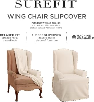Surefit Cotton Duck Wingback Chair One Piece Slipcover, Chair Cover, Relaxed Woven Fit, 100% Cotton, Machine Washable, Tan