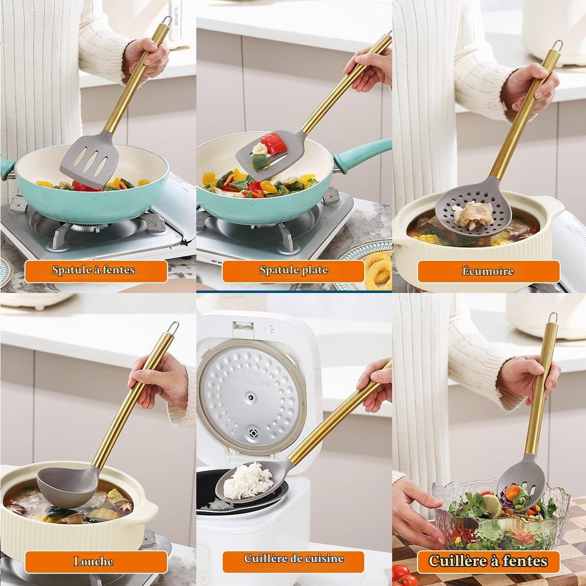 Ustensiles de cuisine dorés, Kyraton 38 pièces en silicone antiadhésif, cuillère spatule avec support en acier inoxydable, lavable au lave-vaisselle