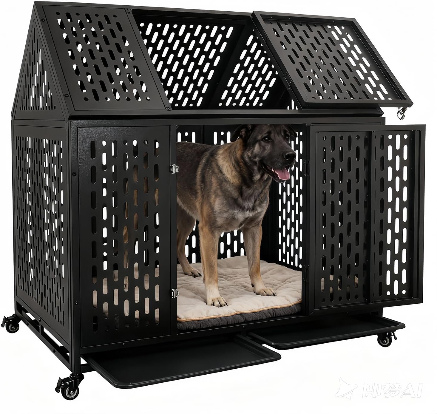 54 Inch Heavy Duty Indestructible Dog Crate with 2 Bowls, Steel Escape Proof Chewproof Indoor Double Door High Anxiety Cage Kennel with Wheels and Trays, XL/XXL